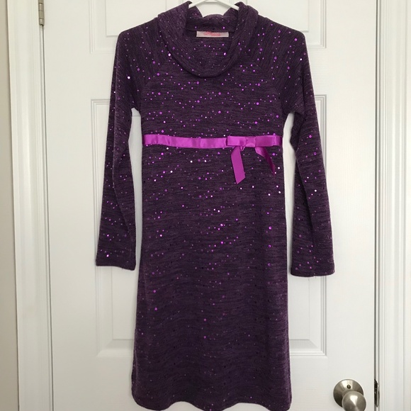 Bloome de jeune fille Purple Cowl Neck Sequin Long Sleeve Dress Offset Bow - Picture 1 of 9